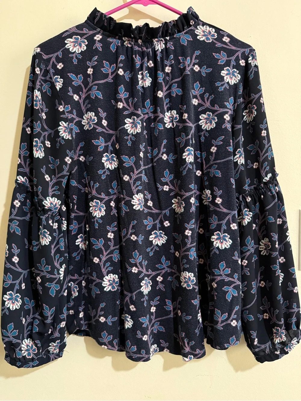 LOFT Navy Floral Ruffle Tie-Neck Blouse